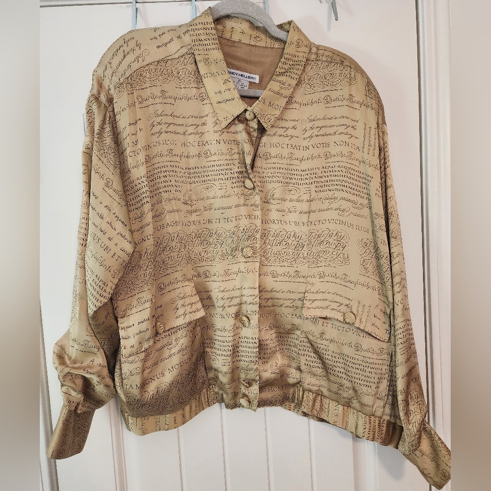Women's Nancy Heller Vintage Script 100% Silk Button-Up Shirt Jacket Size 2X
